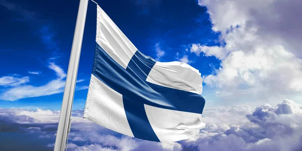 Finland Nationale Vlag Doek Zwaaien Mooie Hemel Achtergrond — Stockfoto