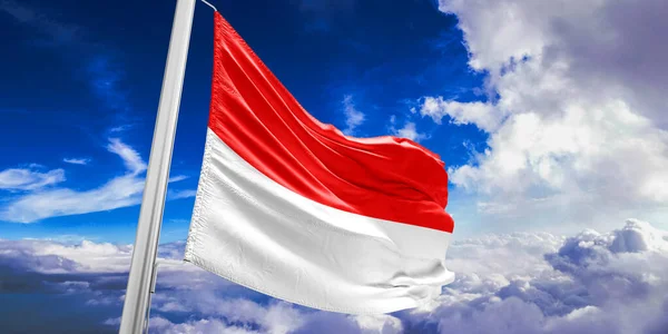 Indonesien National Flagga Tyg Viftar Vacker Himmel Bakgrund — Stockfoto