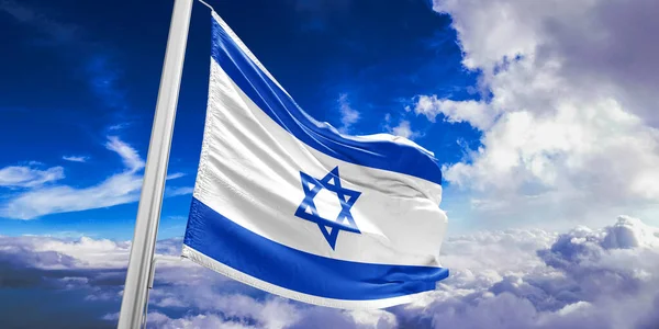 Israel National Flag Cloth Fabric Waving Beautiful Sky Background — Stock Photo, Image