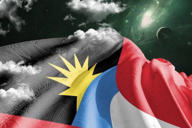 Antigua ve Barbuda Ulusal Bayrak Kumaşı Güzel bir arka planda sallanıyor.