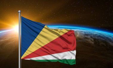 Seyşeller Ulusal Bayrak Kumaşı Güzel bir arka planda sallanıyor.