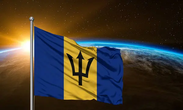 Barbados Bandera Nacional Tela Ondeando Sobre Hermosa Tierra Fondo —  Fotos de Stock