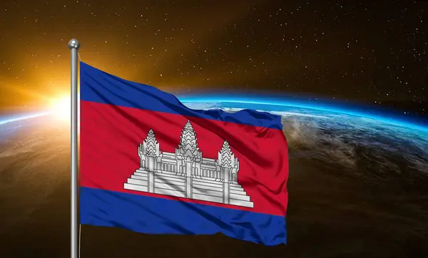 Cambodia National Flag Cloth Fabric Waving Beautiful Earth Background — Stock Photo, Image