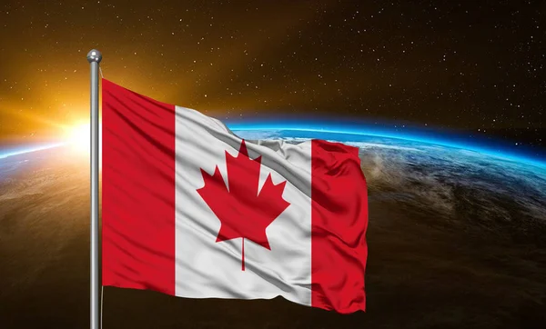 Bandera Nacional Canadá Tela Ondeando Sobre Tierra Hermosa Fondo — Foto de Stock