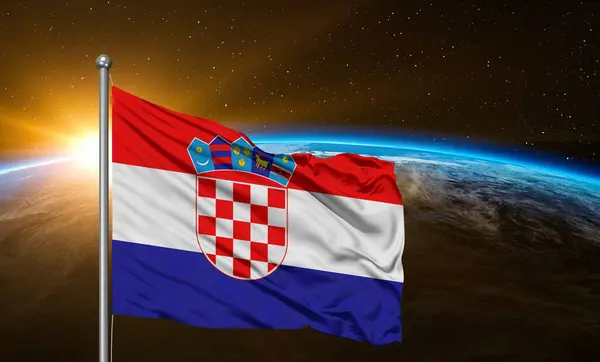 Croácia Tecido Pano Bandeira Nacional Acenando Bela Terra Fundo — Fotografia de Stock