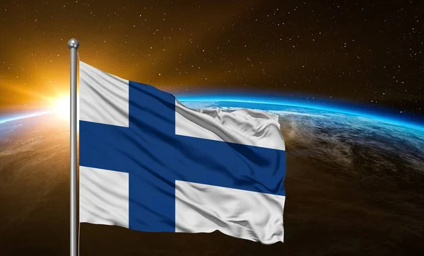 フィンランド国旗 美しい地球の背景に振る布生地 — ストック写真