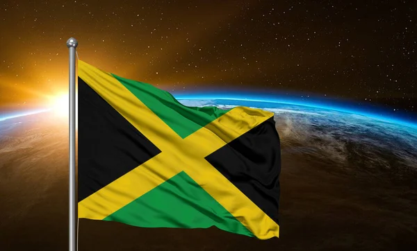 Jamaica National Flag Cloth Fabric Waving Beautiful Earth Background — Stock Photo, Image