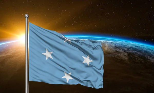 Mikronezja Federacja Mikronezji Narodowa Tkanina Flagowa Machająca Pięknej Ziemi Tło — Zdjęcie stockowe