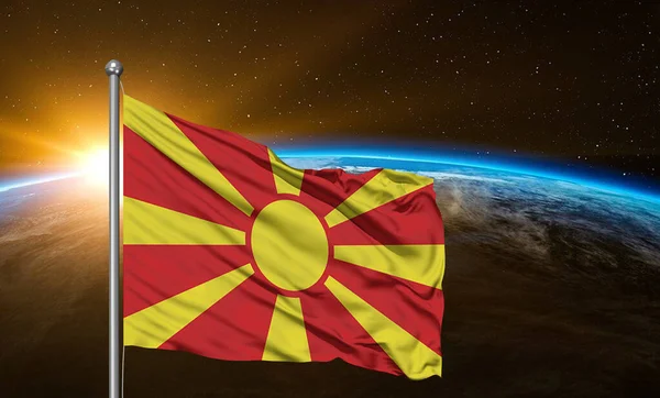 Észak Macedónia Nemzeti Zászló Szövet Hullámzó Gyönyörű Földön Háttér — Stock Fotó