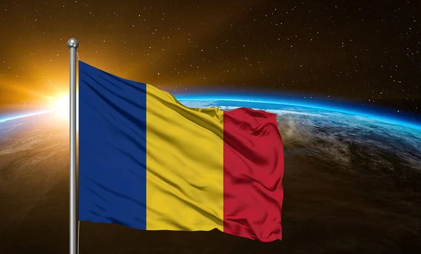 Romênia Tecido Pano Bandeira Nacional Acenando Bela Terra Fundo — Fotografia de Stock