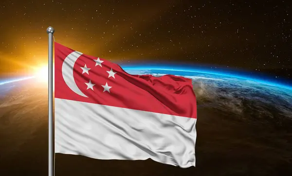 Singapore National Flag Cloth Fabric Waving Beautiful Earth Background — Stock Photo, Image