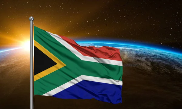 South Africa national flag cloth fabric waving on beautiful earth Background.
