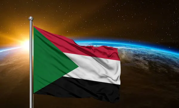 Soedan Nationale Vlag Doek Zwaaiend Mooie Aarde Achtergrond — Stockfoto
