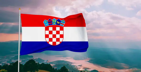 Croácia Tecido Pano Bandeira Nacional Acenando Céu Bonito Fundo — Fotografia de Stock