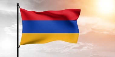 Ermenistan Ulusal Bayrak Kumaşı Güzel Gökyüzü Arkaplanı 'nda sallanıyor.