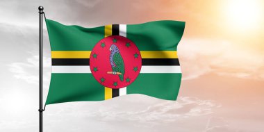 Dominica Ulusal Bayrak Kumaşı Güzel bir arka planda sallanıyor.