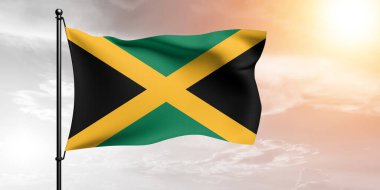 Jamaika Ulusal Bayrak Kumaşı Güzel bir arka planda sallanıyor.