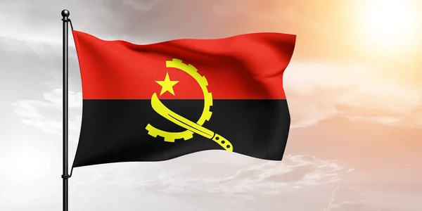 Angola Nationale Vlag Stof Zwaaien Mooie Sky Achtergrond — Stockfoto