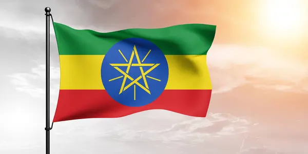 Etiópia Tecido Pano Bandeira Nacional Acenando Céu Bonito Fundo — Fotografia de Stock