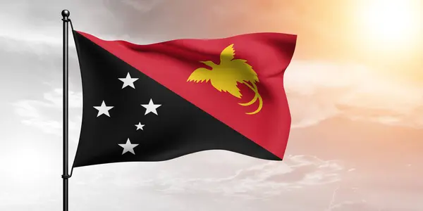 Papua New Guinea National Flag Cloth Fabric Waving Beautiful Sky — Stock Photo, Image