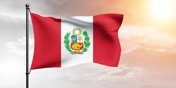 秘鲁国旗布在美丽的天空中飘扬 — 图库照片