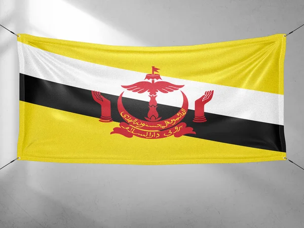 Brunej Národní Vlajka Tkanina Vlnění Krásné Šedé Obloze Pozadí — Stock fotografie