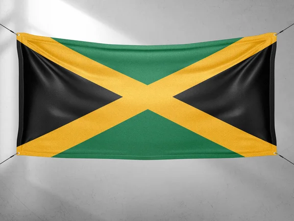Τζαμάικα Εθνικό Ύφασμα Σημαία Κυματίζει Όμορφο Γκρι Ουρανό Φόντο — Φωτογραφία Αρχείου