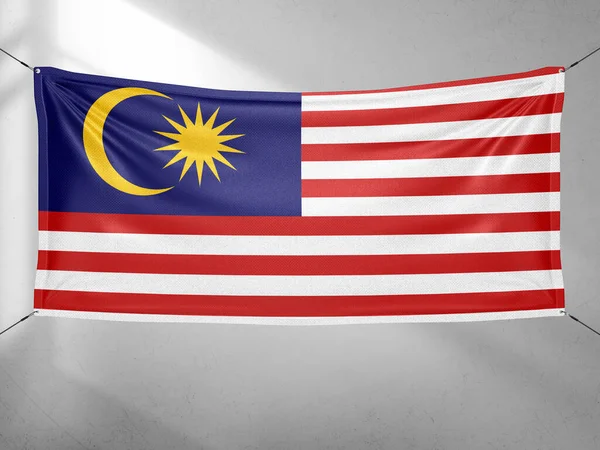 Malajzia Nemzeti Zászló Szövet Hullámzó Gyönyörű Szürke Háttér — Stock Fotó