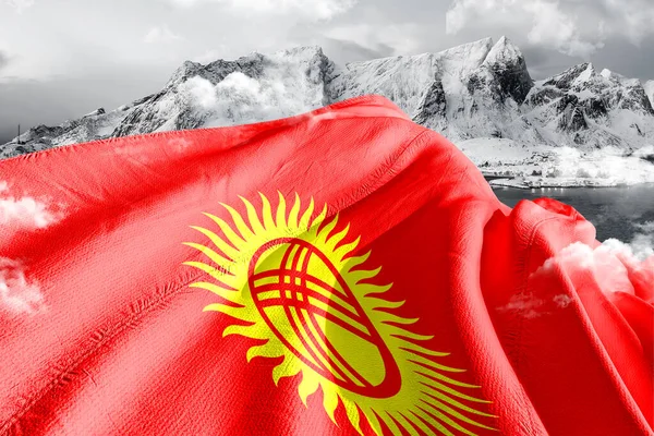 Kirgizisztán Nemzeti Zászló Szövet Hullámzó Gyönyörű Háttér — Stock Fotó
