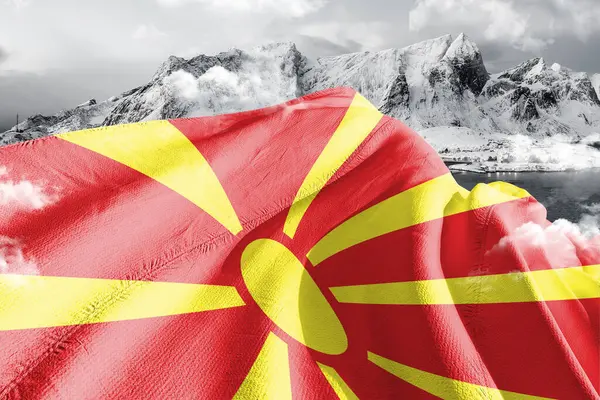 Severní Makedonie Národní Vlajkové Tkaniny Vlnění Krásné Obloze Pozadí — Stock fotografie