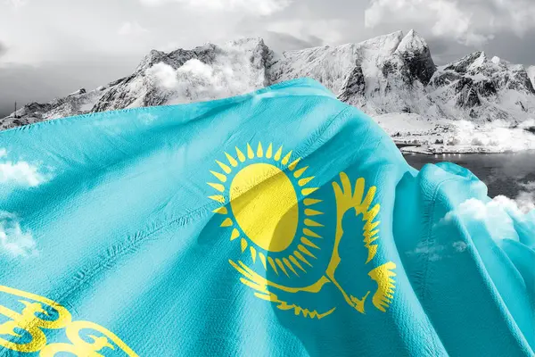 Kazakistan Bandiera Nazionale Stoffa Tessuto Sventolando Bel Cielo Sfondo — Foto Stock