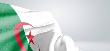 Cezayir Ulusal Bayrak Kumaşı Güzel açık gri arka planda dalgalanıyor.