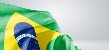 Brezilya ulusal bayrak kumaşı güzel açık gri arka planda dalgalanıyor.
