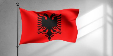 Arnavutluk ulusal bayrak kumaşı güzel Gökyüzü Arkaplanında dalgalanıyor.