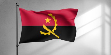 Angola Ulusal Bayrak Kumaşı Güzel Gökyüzü Arkaplanı 'nda sallanıyor.