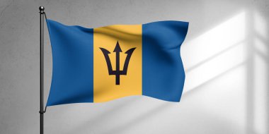Barbados Ulusal Bayrak Kumaşı Güzel Gökyüzü Arkaplanı 'nda sallanıyor.