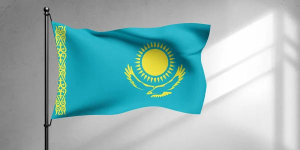 Kazakistan ulusal bayrak kumaşı güzel bir arka planda dalgalanıyor.