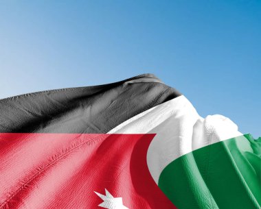 Ürdün Ulusal Bayrak Kumaşı Güzel gökyüzü mavi arka planda dalgalanıyor.