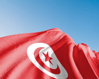 Tunus Ulusal Bayrak Kumaşı Güzel gökyüzü mavi arka planda dalgalanıyor.