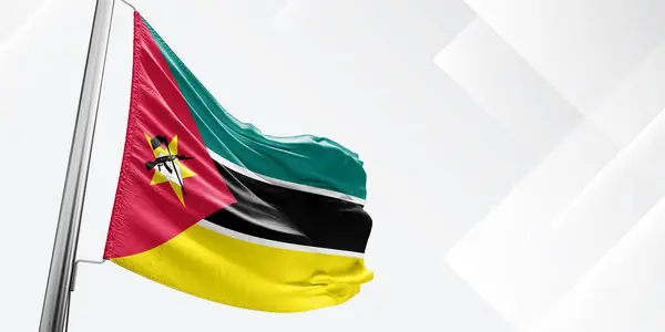 stock image Mozambique national flag cloth fabric waving on beautiful White Square Background.