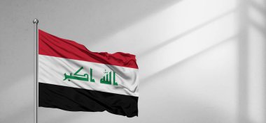 Irak Ulusal Bayrak Kumaşı Güzel pencere açık gri arka planda sallanıyor.