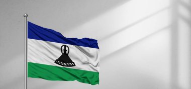 Lesotho Ulusal Bayrak Kumaşı Güzel pencere açık gri arka planda sallanıyor.