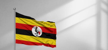Uganda Ulusal Bayrak Kumaşı Güzel pencere açık gri arka planda sallanıyor.