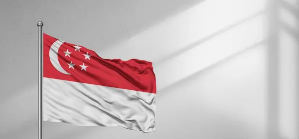 Singapur Ulusal Bayrak Kumaşı Güzel pencere açık gri arka planda sallanıyor.