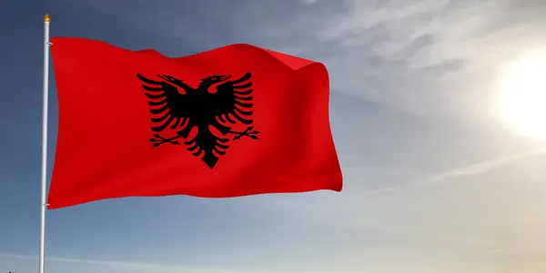 Arnavutluk ulusal bayrak kumaşı güzel gri arka planda dalgalanıyor.