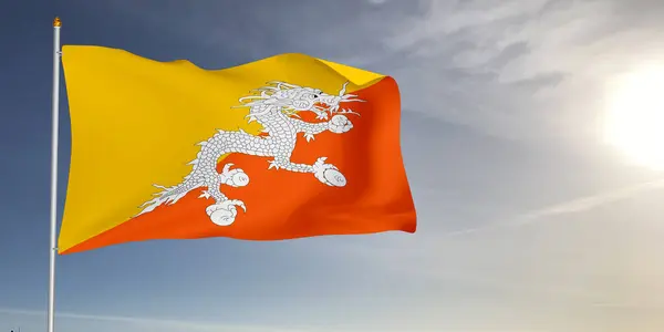 Bhutan Ulusal Bayrak Kumaşı Güzel açık gri arka planda sallanıyor.