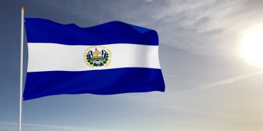 El Salvador Ulusal Bayrak Kumaşı Güzel güneş ışığı gri arka planda sallanıyor.