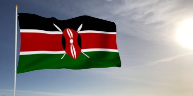 Kenya Ulusal Bayrak Kumaşı Güneş Işığı Gri Arkaplanda sallanıyor.