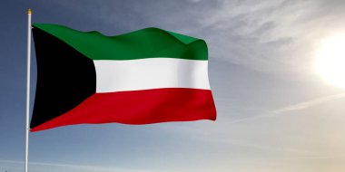 Kuveyt ulusal bayrak kumaşı güzel güneş ışığı gri arka planda dalgalanıyor.