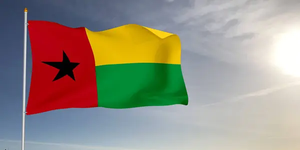 Gine-Bissau Ulusal Bayrak Kumaşı Güneş Işığı Gri Arkaplanda sallanıyor.